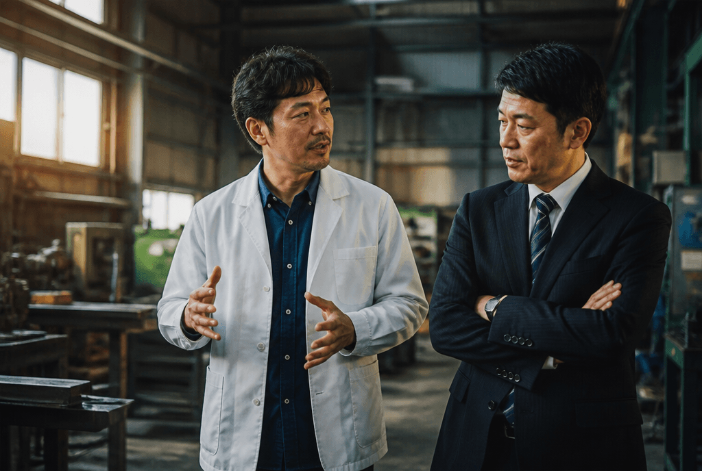 白衣の顧問と経営者が現場で語り合う様子